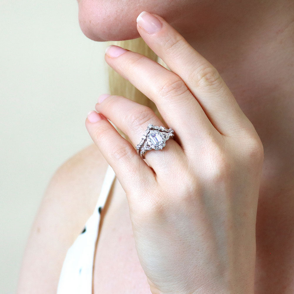 Model wearing Chevron Halo CZ Ring Set in Sterling Silver