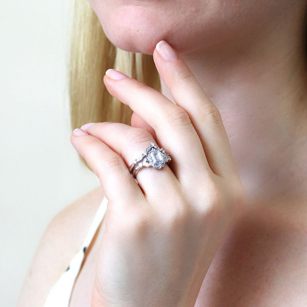 Model wearing Chevron Halo CZ Ring Set in Sterling Silver