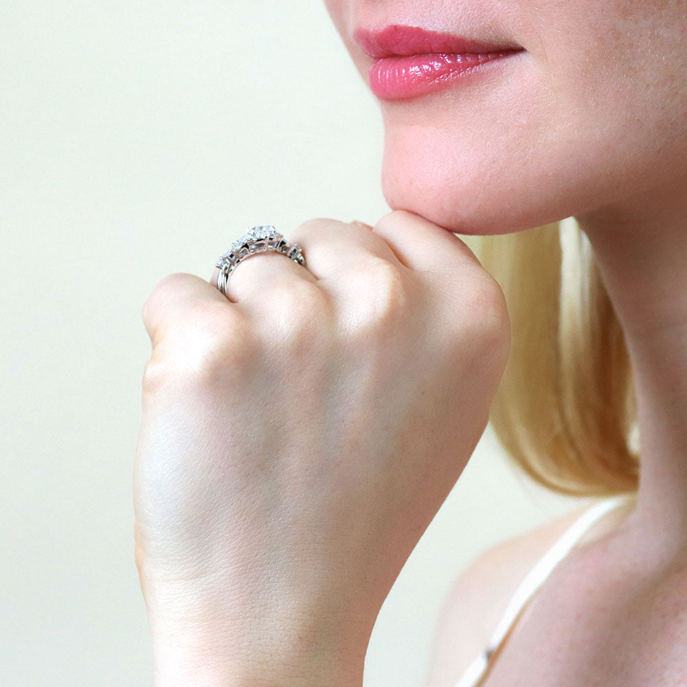 Model wearing Chevron Halo CZ Ring Set in Sterling Silver