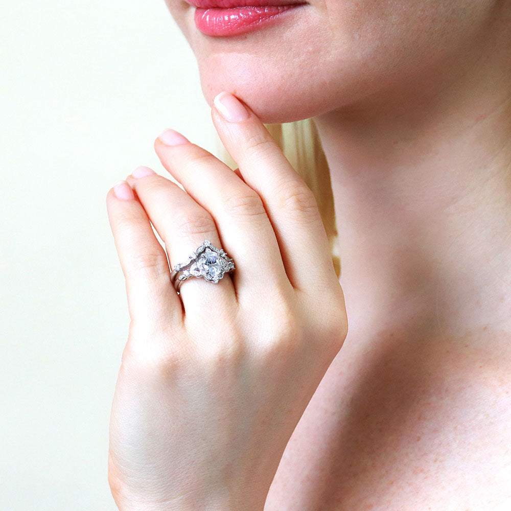 Model wearing Chevron Halo CZ Ring Set in Sterling Silver