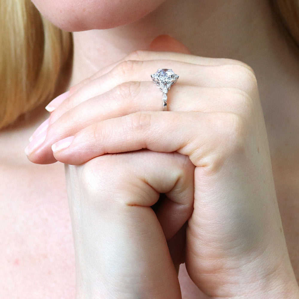 Model wearing Halo Art Deco Round CZ Ring in Sterling Silver, 6 of 10