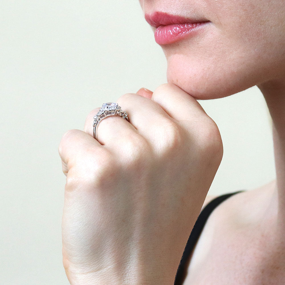 Model wearing Halo Art Deco Round CZ Ring in Sterling Silver, 3 of 10