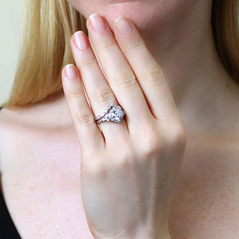 Model wearing Chevron Halo CZ Ring Set in Sterling Silver