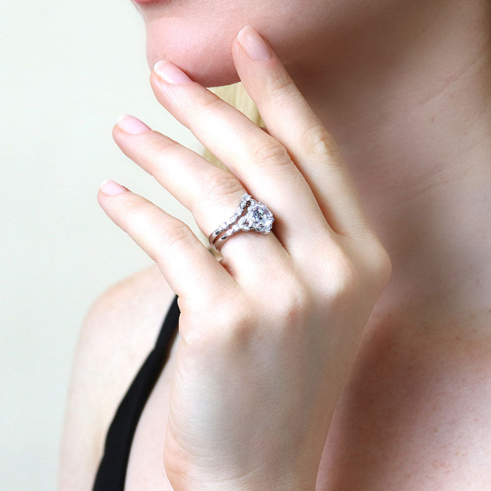 Model wearing Chevron Halo CZ Ring Set in Sterling Silver