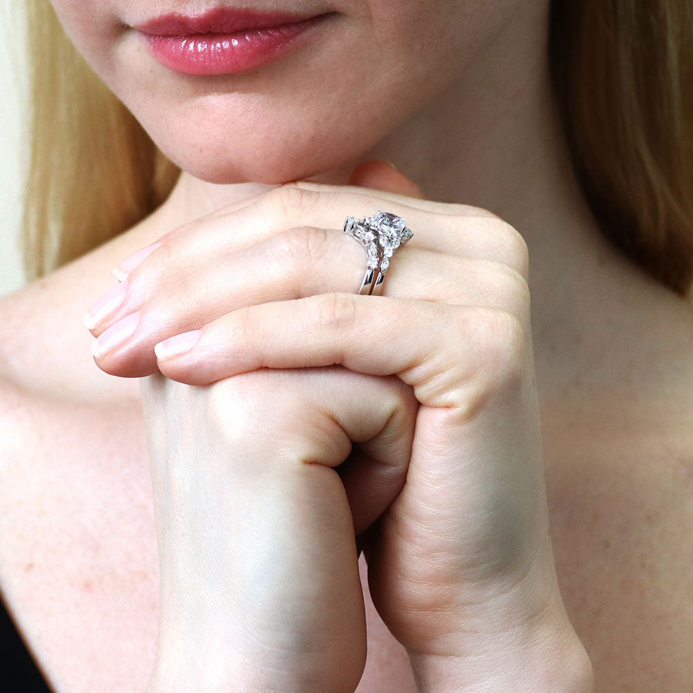 Model wearing Chevron Halo CZ Ring Set in Sterling Silver