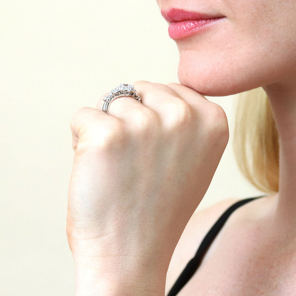 Model wearing Chevron Halo CZ Ring Set in Sterling Silver