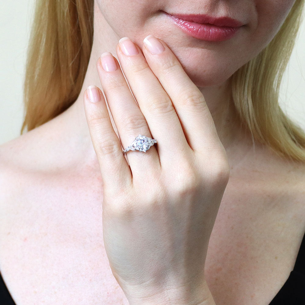 Model wearing Halo Art Deco Cushion CZ Ring in Sterling Silver