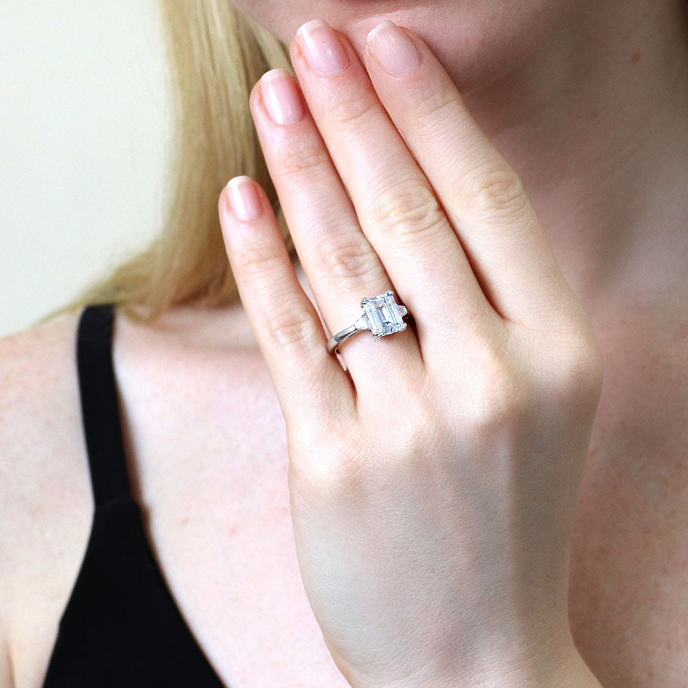 3-Stone 2.6ct Emerald Cut CZ Ring in Sterling Silver