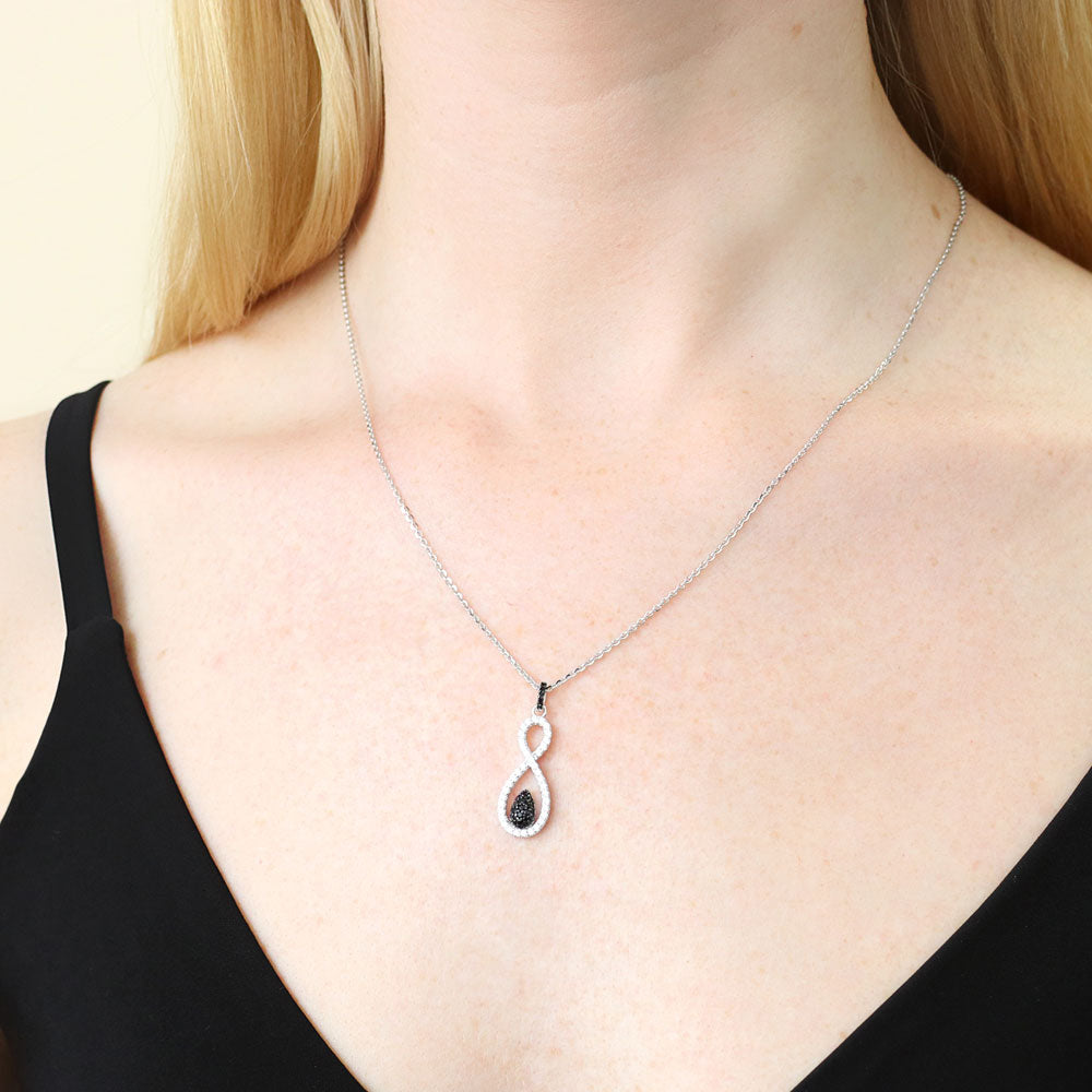Model wearing Black and White Woven CZ Pendant Necklace in Sterling Silver