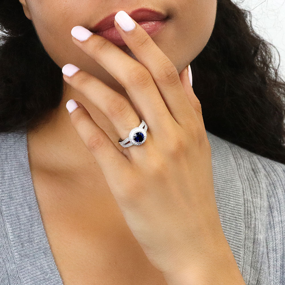 Model wearing Halo Round CZ Split Shank Ring in Sterling Silver