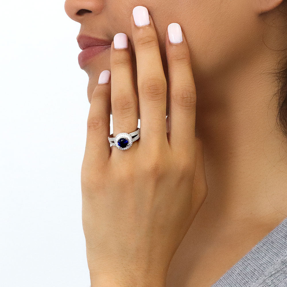 Halo Sapphire-Blue CZ Split Shank Ring in Sterling Silver