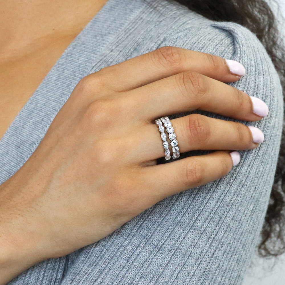 Model wearing Milgrain Bezel Set CZ Eternity Ring Set in Sterling Silver