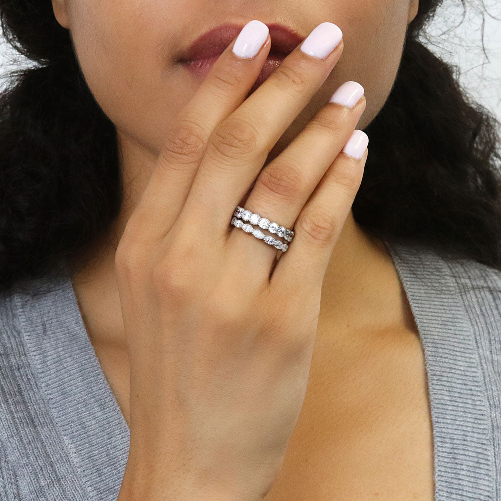 Model wearing Milgrain Bezel Set CZ Eternity Ring Set in Sterling Silver