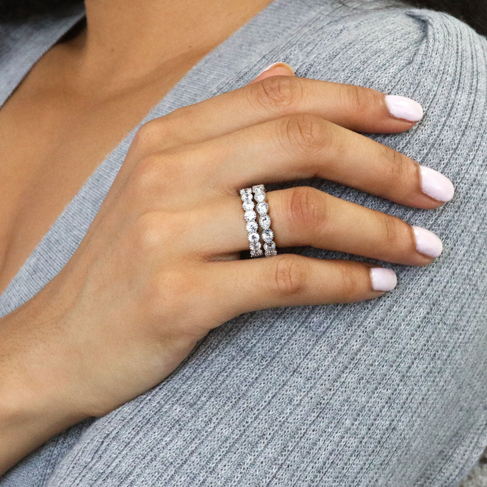 Model wearing Milgrain Bezel Set CZ Eternity Ring Set in Sterling Silver