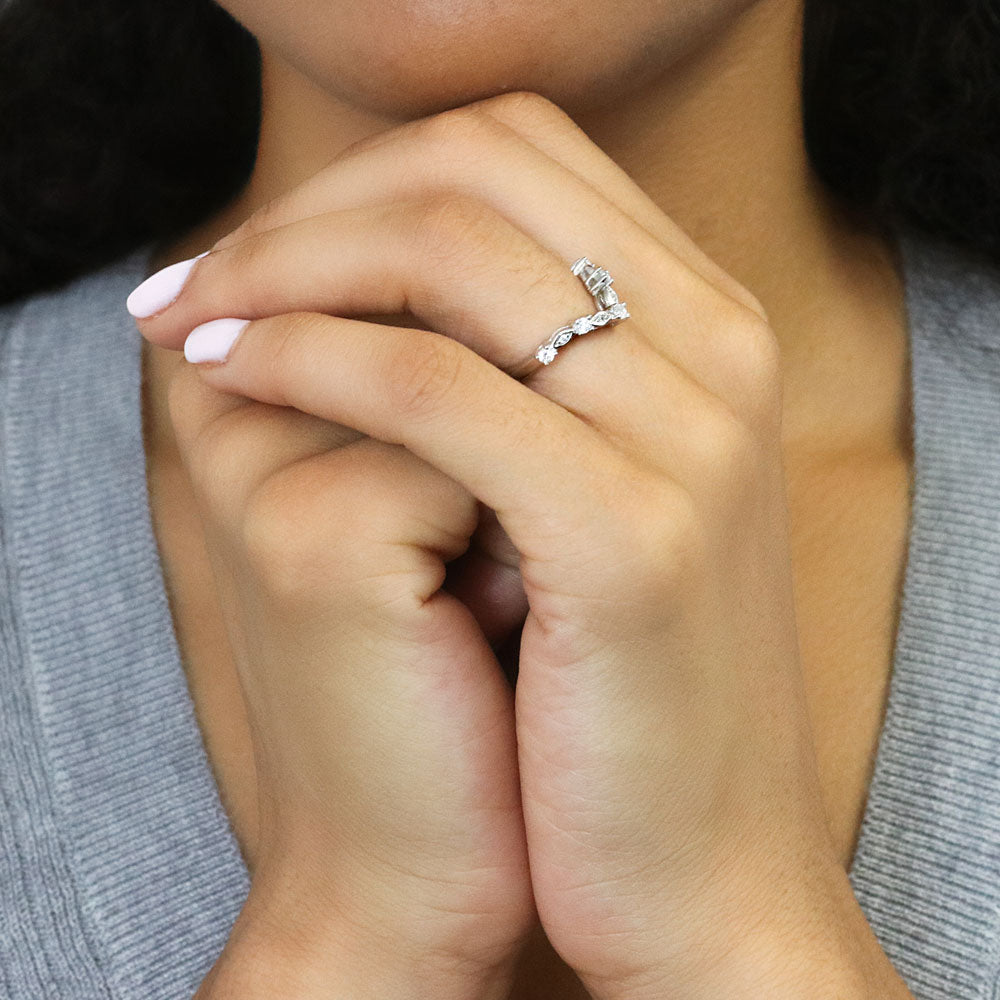 Model wearing Chevron Halo Pink CZ Ring Set in Sterling Silver