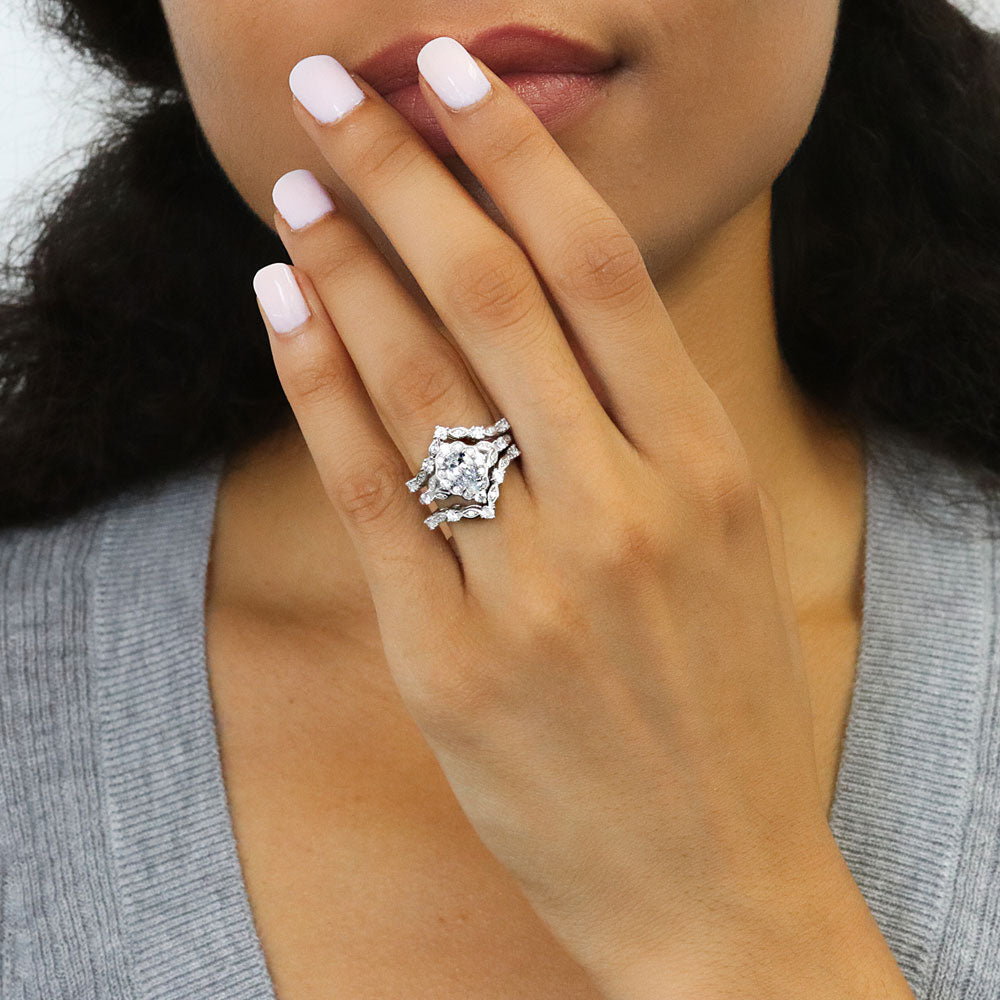 Model wearing Chevron Halo CZ Ring Set in Sterling Silver