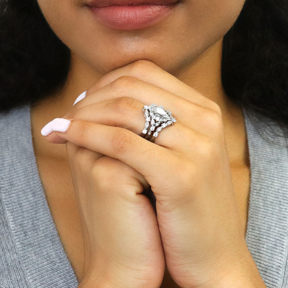 Model wearing Chevron Halo CZ Ring Set in Sterling Silver