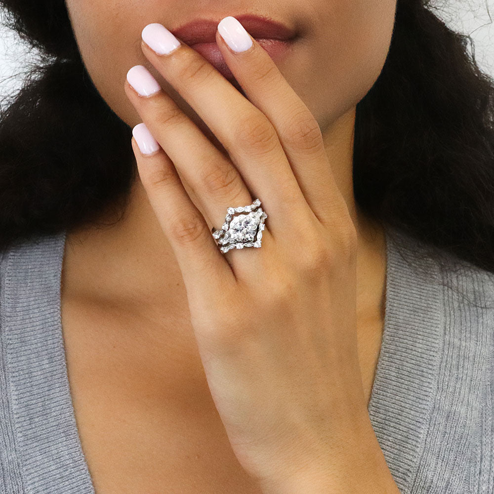 Model wearing Chevron Halo CZ Ring Set in Sterling Silver