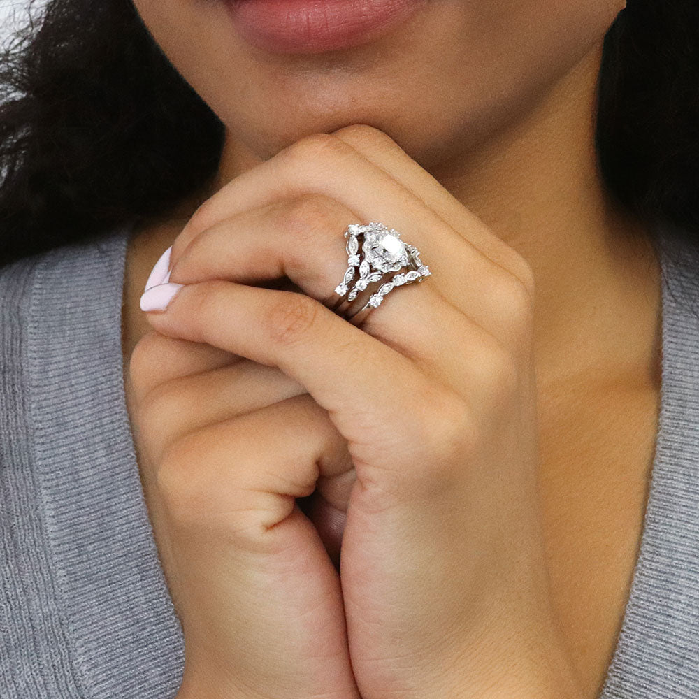 Model wearing Chevron Halo CZ Ring Set in Sterling Silver