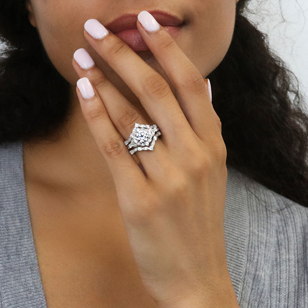 Model wearing Chevron Halo CZ Ring Set in Sterling Silver