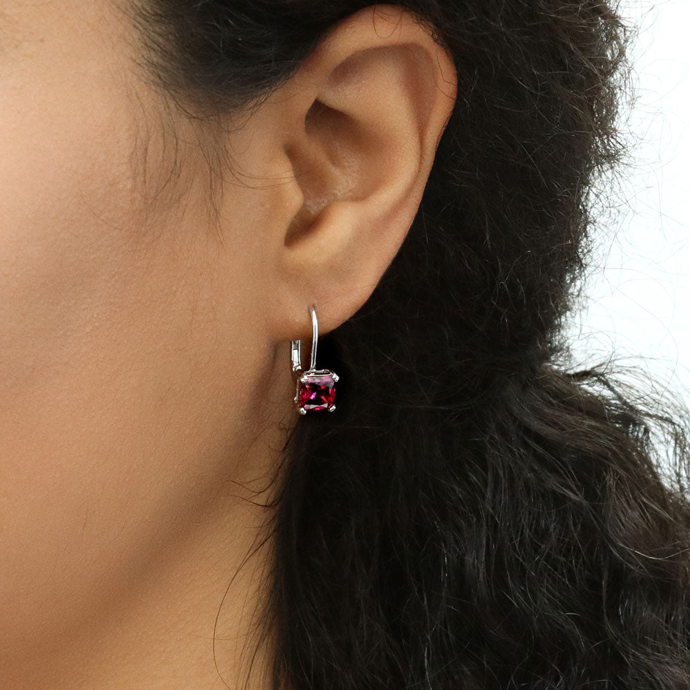 Model wearing Solitaire Princess CZ Leverback Earrings in Sterling Silver 2.4ct