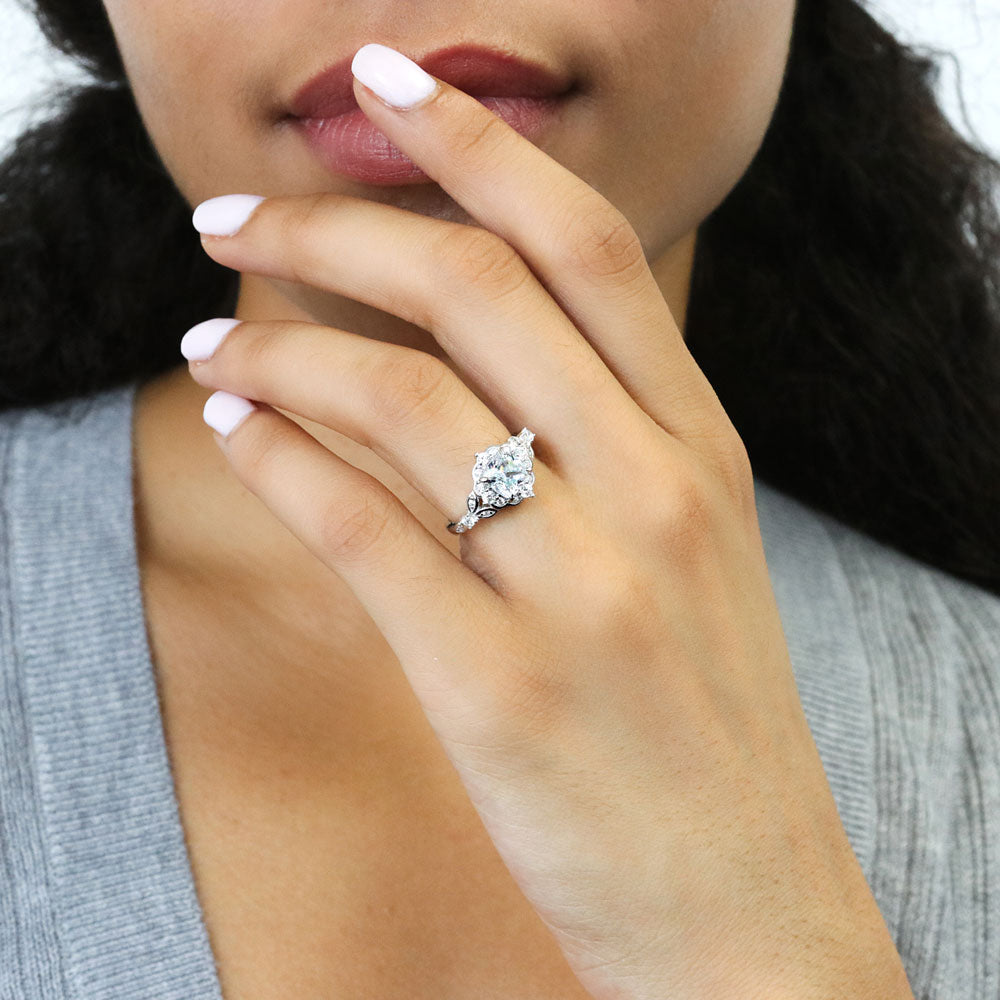Model wearing Halo Art Deco Princess CZ Ring in Sterling Silver, 3 of 9