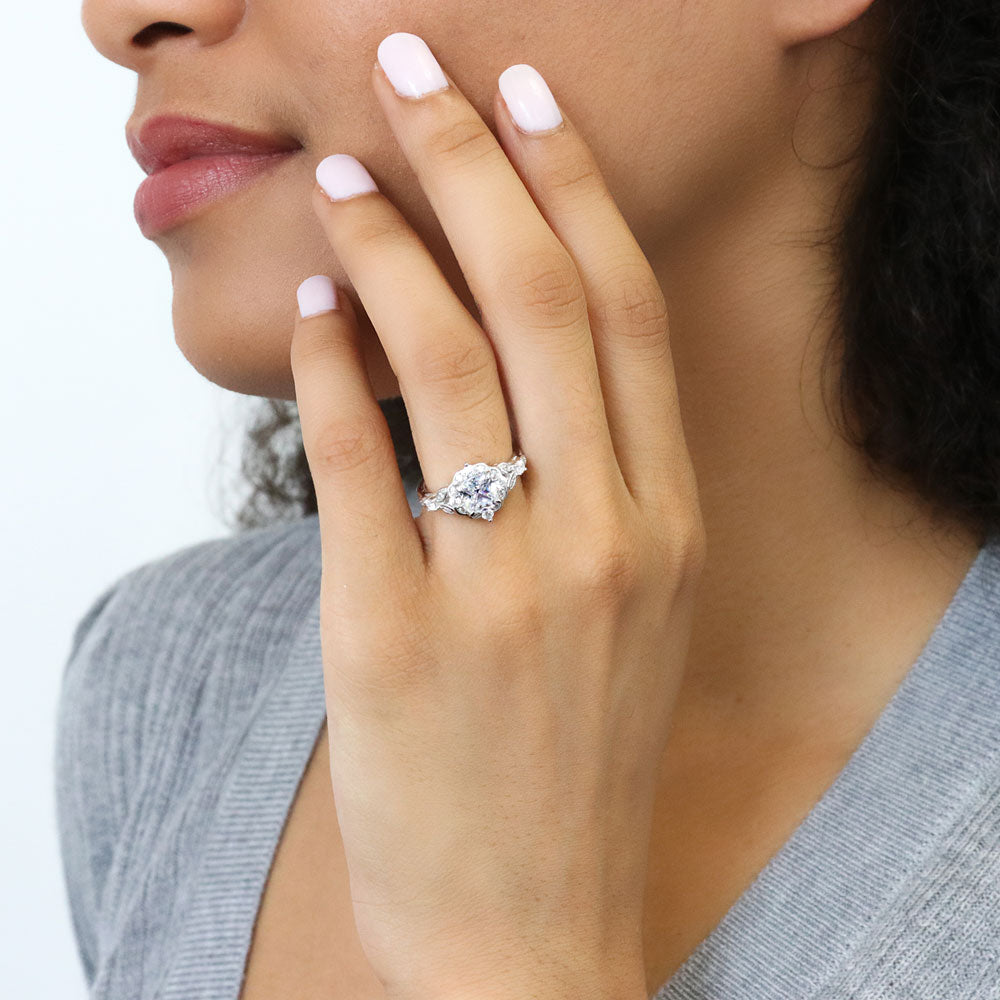 Model wearing Halo Art Deco Princess CZ Ring in Sterling Silver
