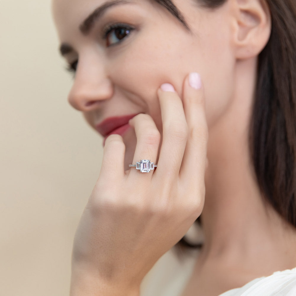 3-Stone 2.1ct Emerald Cut CZ Ring in Sterling Silver