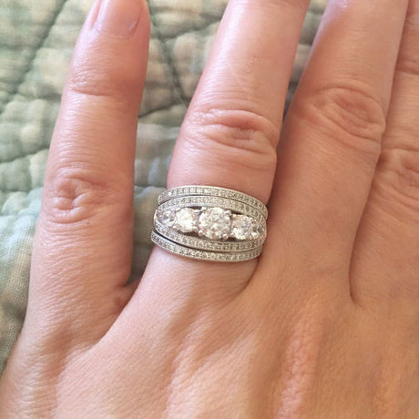 Model Wearing 5-Stone Split Shank Ring, Curved Half Eternity Ring