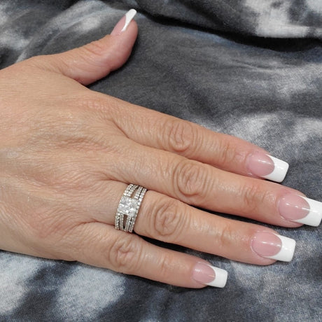 Model Wearing Half Eternity Ring, Solitaire with Side Stones Split Shank Ring