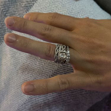 Model Wearing 5-Stone Curved Half Eternity Ring, Woven Half Eternity Ring