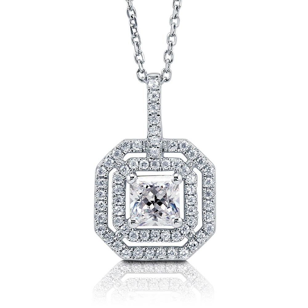 Sterling Silver Halo Princess Cut Cubic Zirconia CZ Necklace
