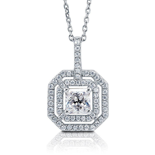 Halo Princess CZ Pendant Necklace in Sterling Silver