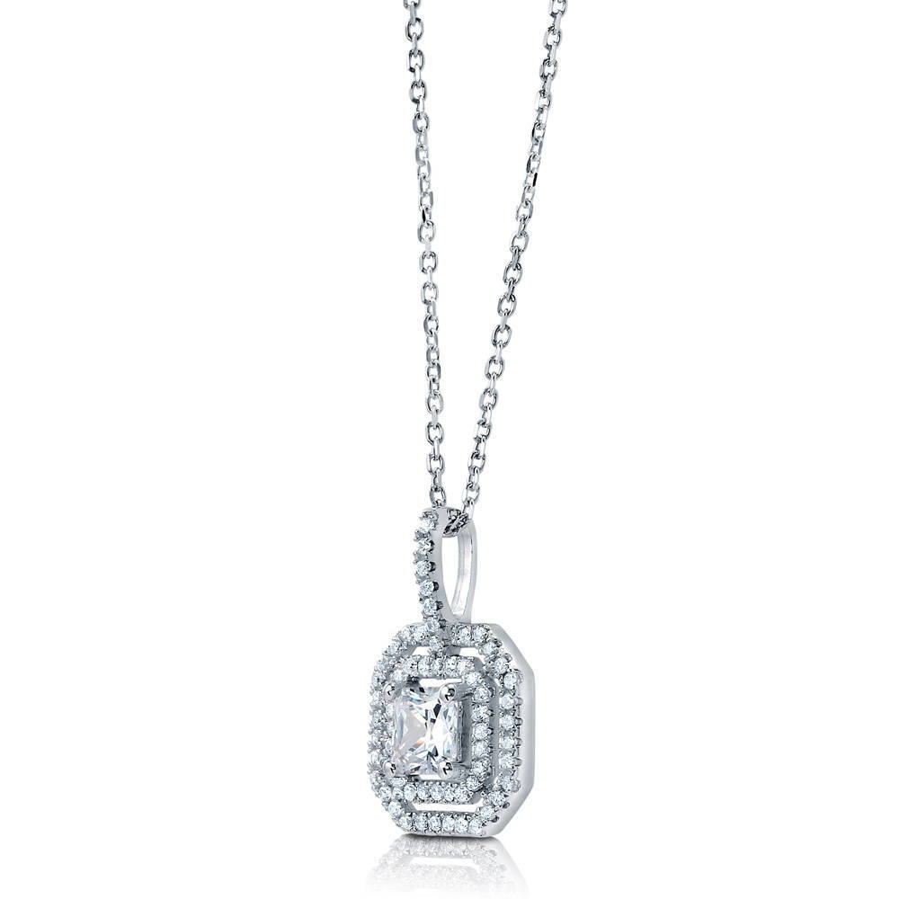 Halo Princess CZ Pendant Necklace in Sterling Silver