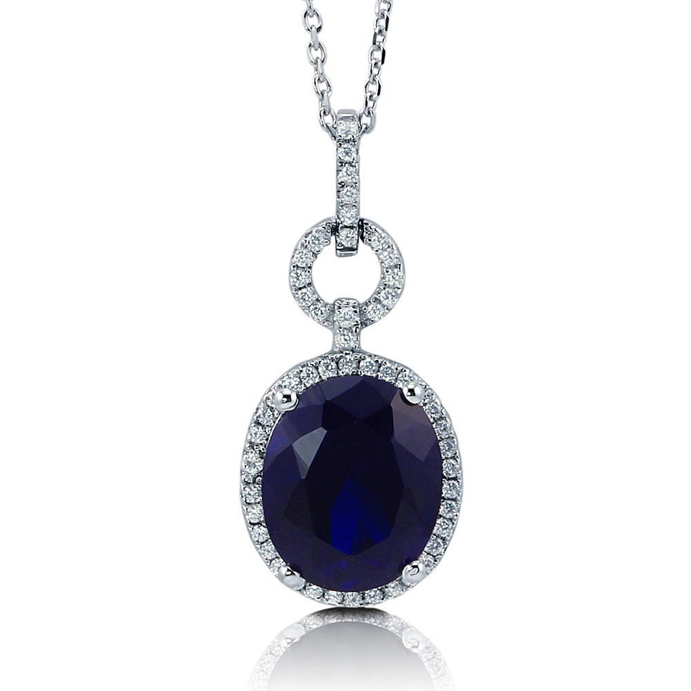 Halo Simulated Blue Sapphire Oval CZ Necklace in Sterling Silver, 1 of 7