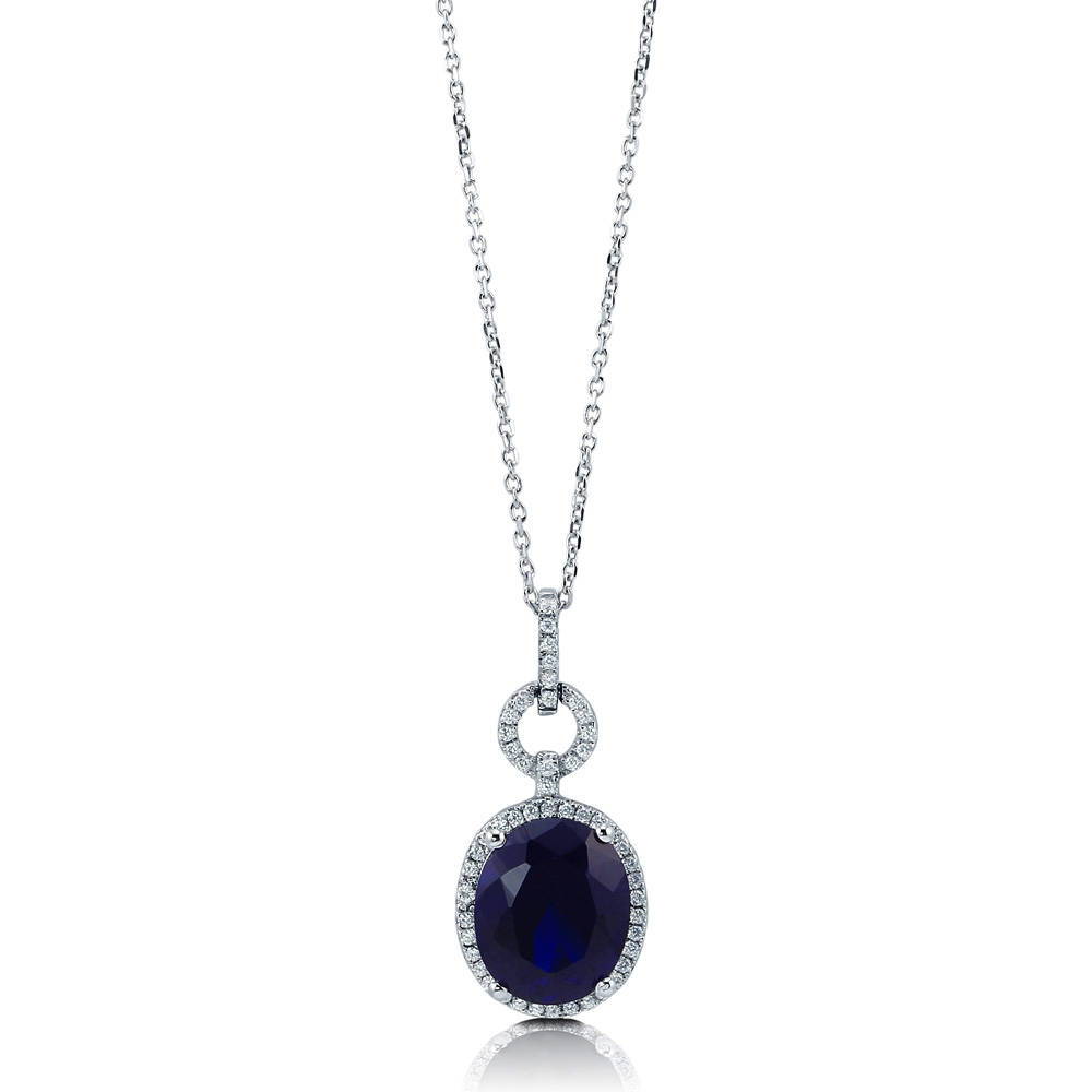 Halo Simulated Blue Sapphire Oval CZ Necklace in Sterling Silver, 4 of 7