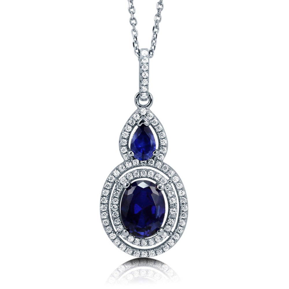 Halo Sapphire-Blue Oval CZ Necklace in Sterling Silver