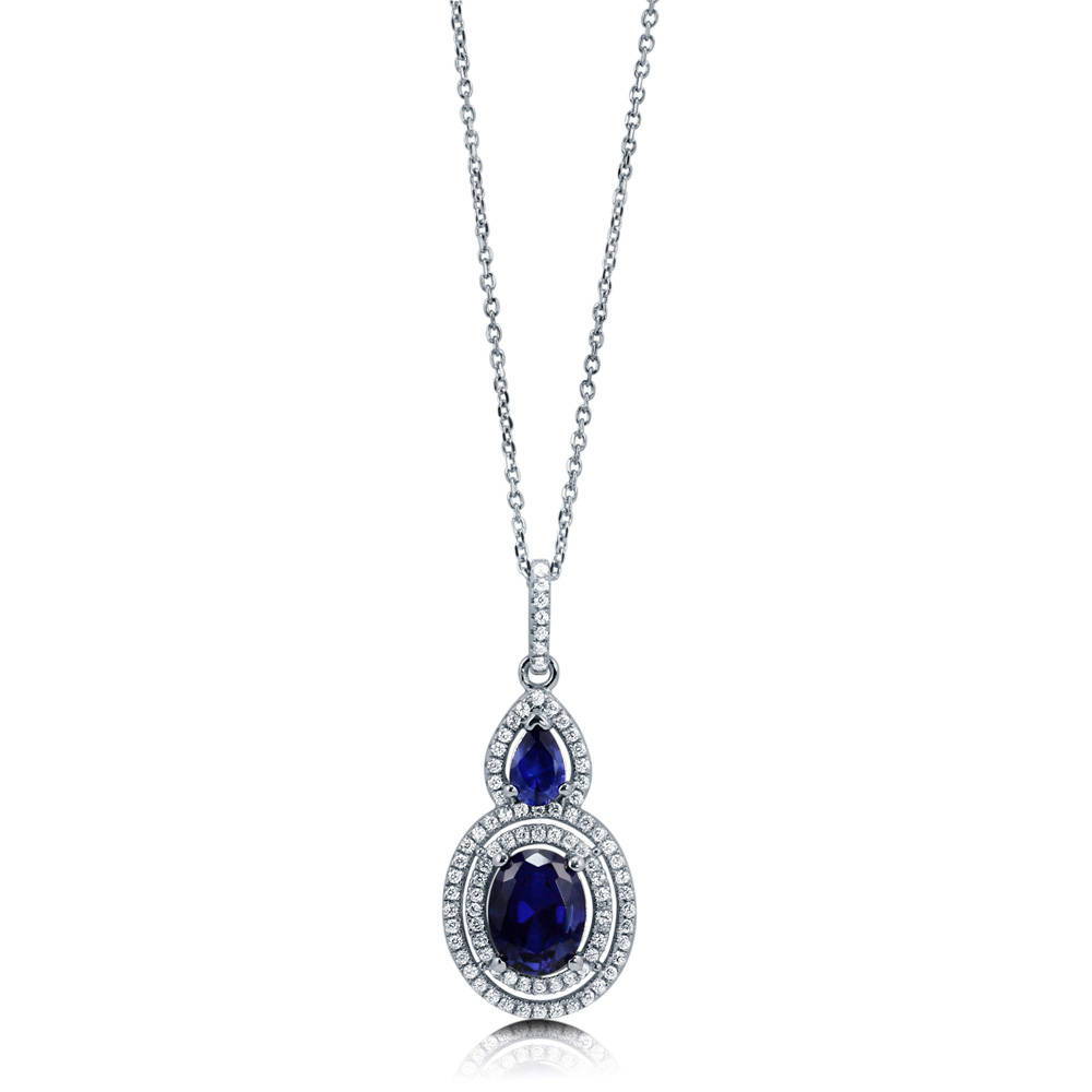Halo Simulated Blue Sapphire Oval CZ Necklace in Sterling Silver, 4 of 7