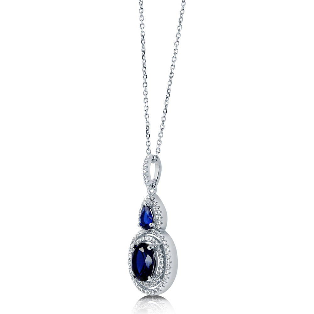 Halo Sapphire-Blue Oval CZ Necklace in Sterling Silver