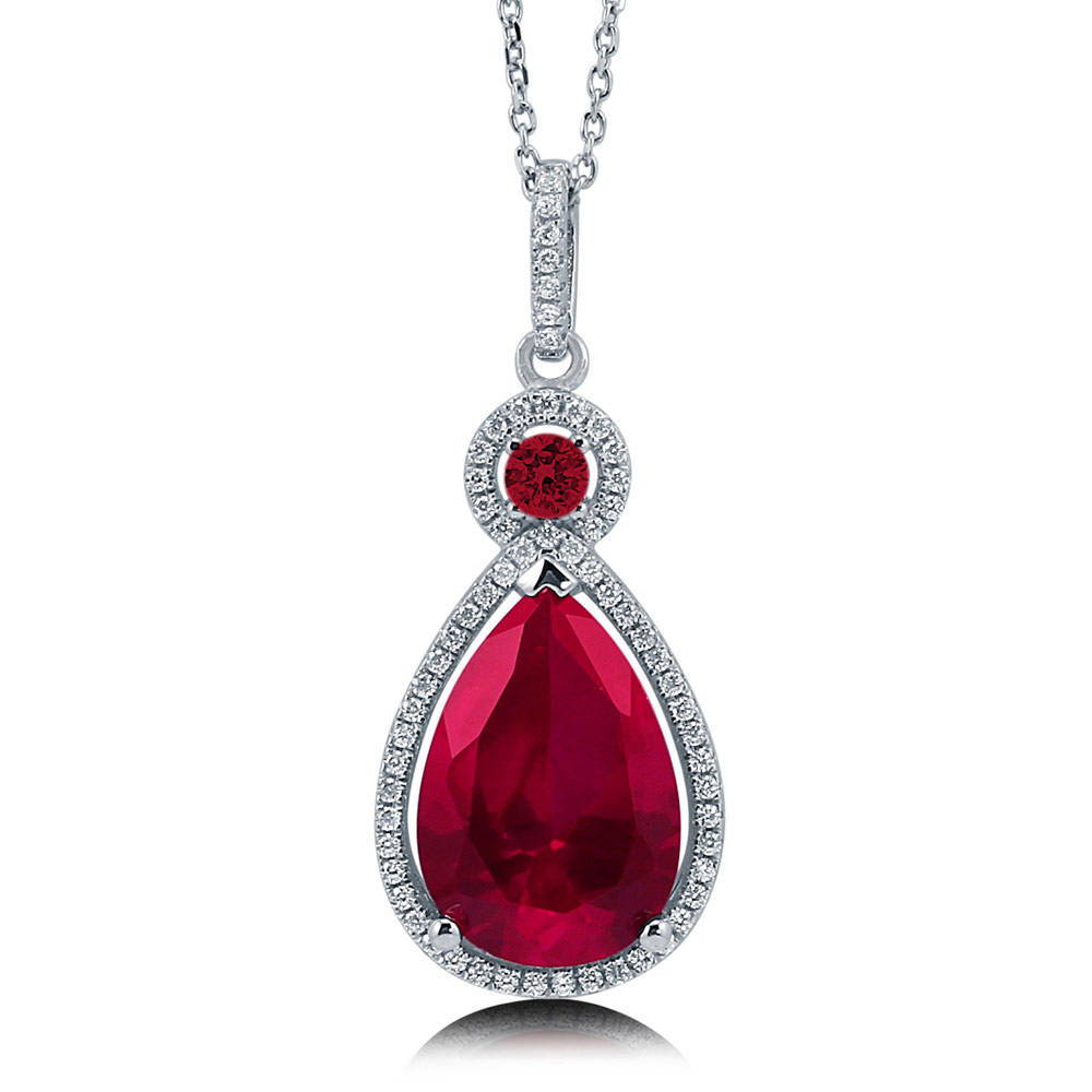 Halo Simulated Ruby Pear CZ Pendant Necklace in Sterling Silver, 1 of 6