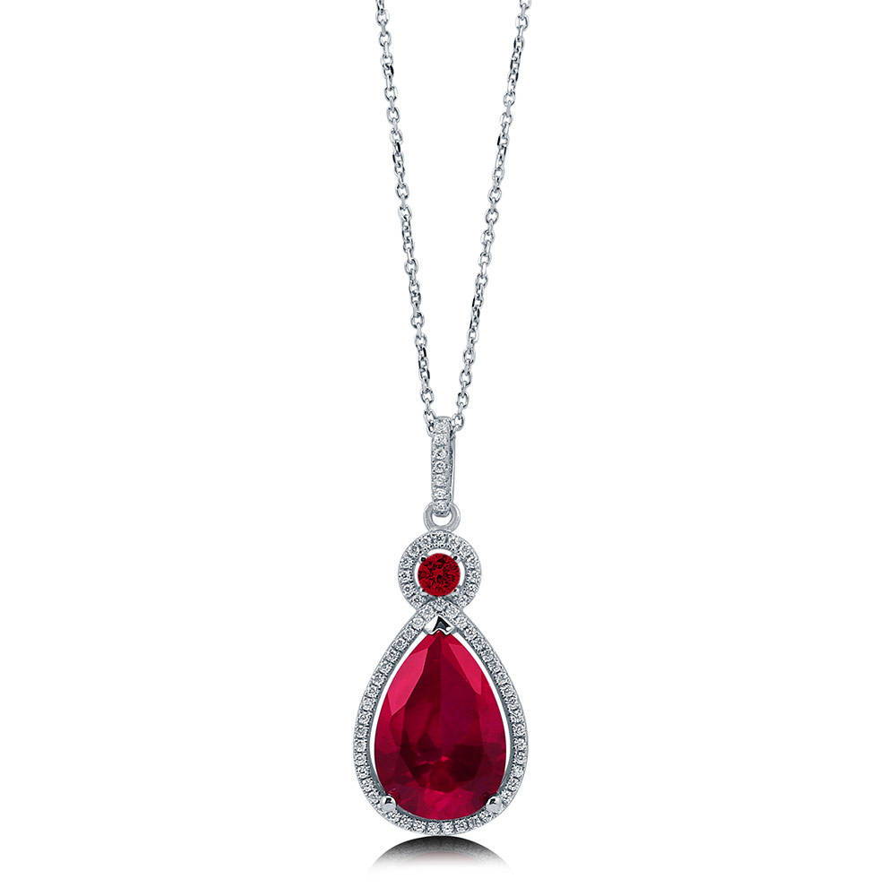 Front view of Halo Simulated Ruby Pear CZ Pendant Necklace in Sterling Silver, 3 of 6