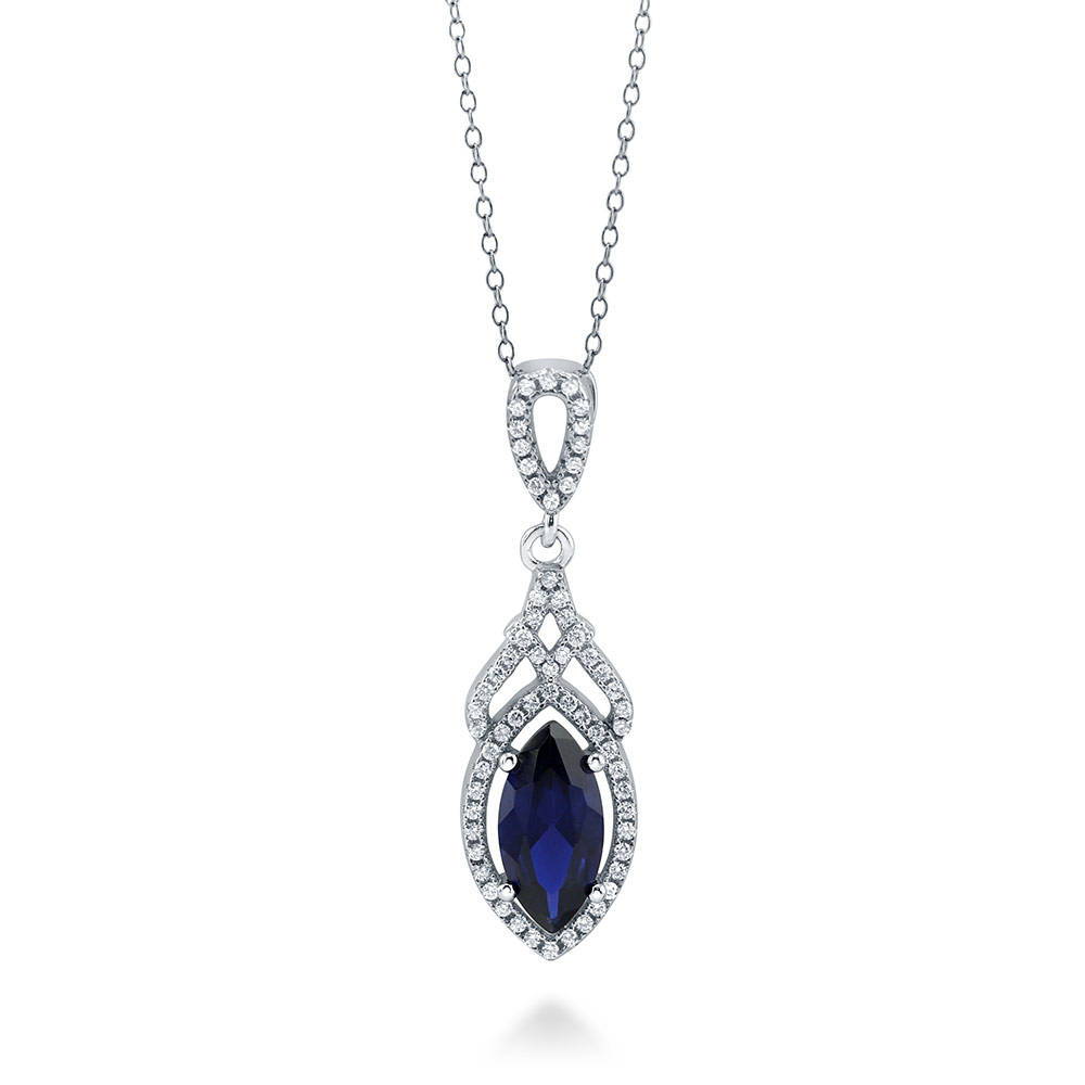 Halo Simulated Blue Sapphire Marquise CZ Necklace in Sterling Silver, 1 of 6