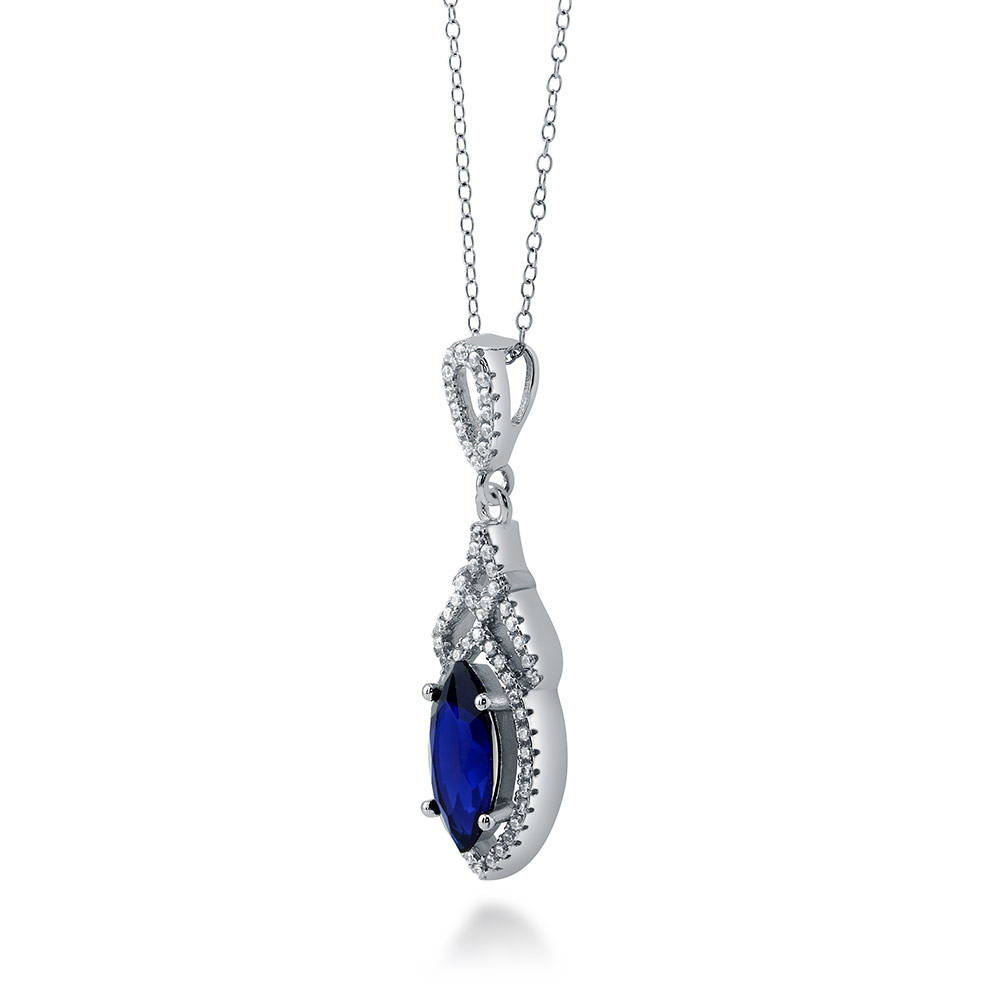 Front view of Halo Simulated Blue Sapphire Marquise CZ Necklace in Sterling Silver, 4 of 6