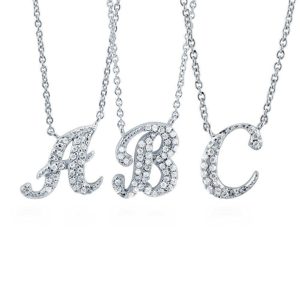 Initial Letter CZ Pendant Necklace in Sterling Silver