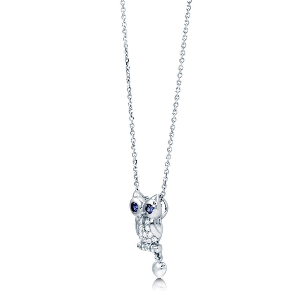 Angle view of Owl CZ Pendant Necklace in Sterling Silver