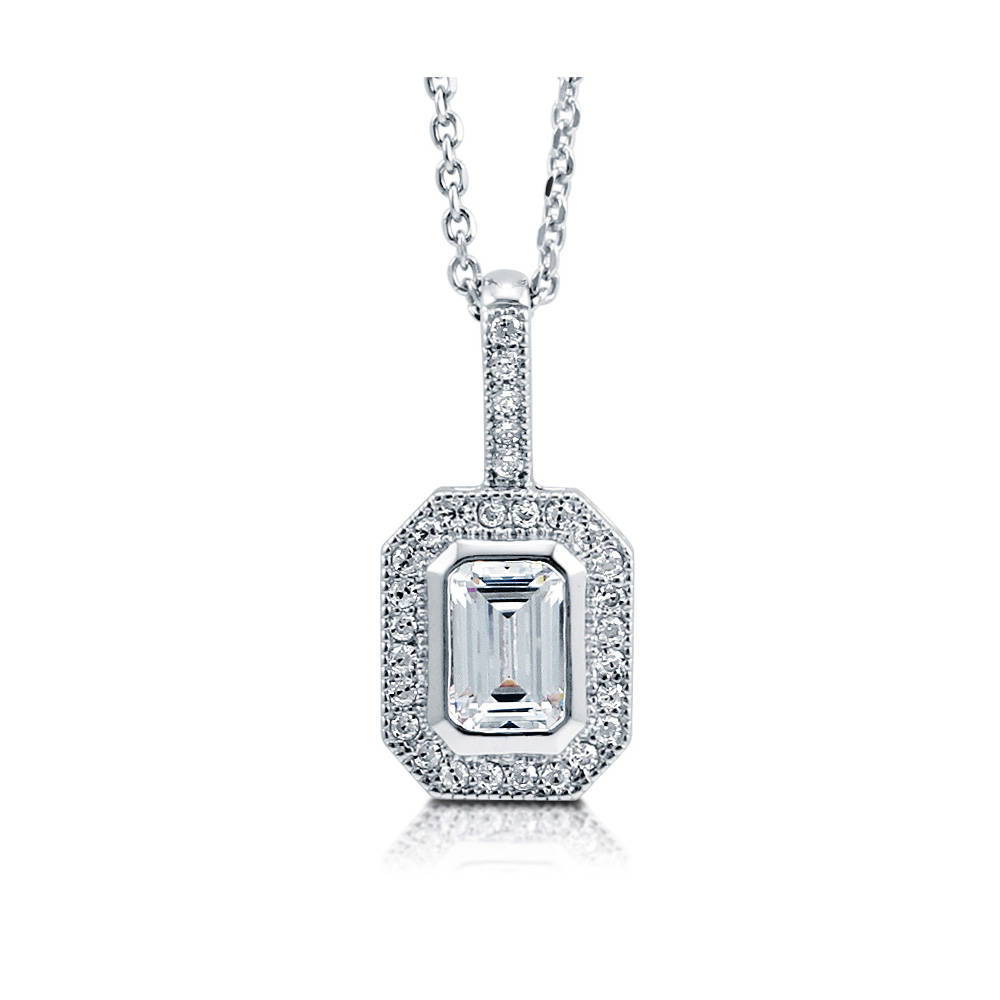 Halo Emerald Cut CZ Pendant Necklace in Sterling Silver, 1 of 6