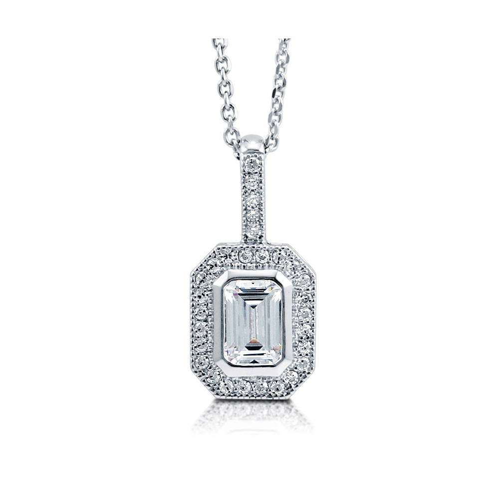 Halo Emerald Cut CZ Pendant Necklace in Sterling Silver