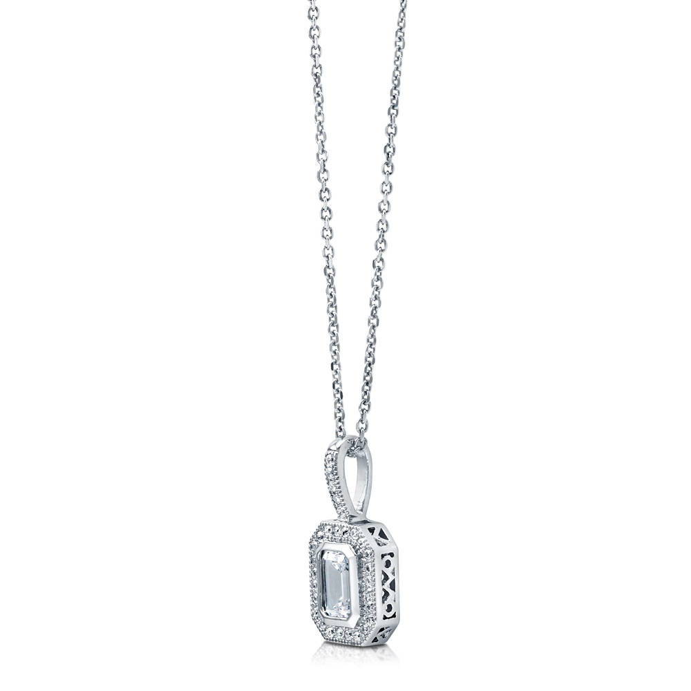 Halo Emerald Cut CZ Pendant Necklace in Sterling Silver