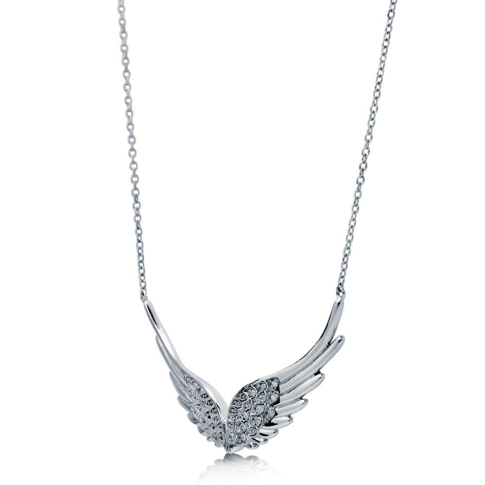 Front view of Angel Wings CZ Pendant Necklace in Sterling Silver