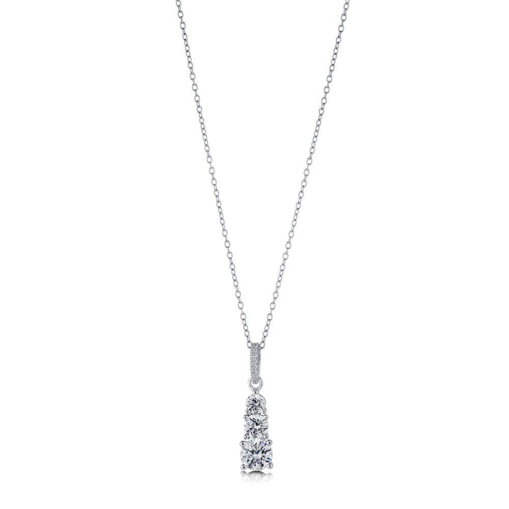 Front view of 3-Stone Graduated Round CZ Pendant Necklace in Sterling Silver, 3 of 6